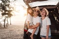 Happy Family with car travel and camping road trip. summer vacation in car in the sunset, Dad, mom and daughter happy traveling Royalty Free Stock Photo