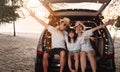 Happy Family with car travel and camping road trip. summer vacation in car in the sunset, Dad, mom and daughter happy traveling Royalty Free Stock Photo