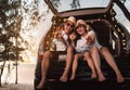 Happy Family with car travel and camping road trip. summer vacation in car in the sunset, Dad, mom and daughter happy traveling Royalty Free Stock Photo