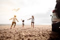 Happy Family with car travel road trip. summer vacation in car in the sunset, Dad, mom and daughter happy traveling enjoy together Royalty Free Stock Photo