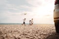 Happy Family with car travel road trip. summer vacation in car in the sunset, Dad, mom and daughter happy traveling enjoy together Royalty Free Stock Photo