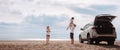 Happy Family with car travel road trip. summer vacation in car in the sunset, Dad, mom and daughter happy traveling enjoy together Royalty Free Stock Photo