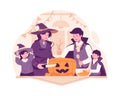 A Happy Family Carving a Pumpkin Together for Halloween Preparation. Father, Mother, Daughter and Son Dressed in Halloween