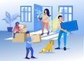 Happy Family with Cat Moving to New Home Cartoon