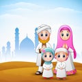 Happy family celebrate for eid mubarak with mosque background
