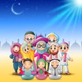 Happy family celebrate for eid mubarak with mosque background