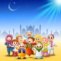 Happy family celebrate for eid mubarak with mosque background