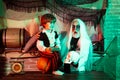 Happy family celebrate Halloween. Father and son has fun in Halloween time. Cheerful children in Halloween costumes and