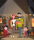 Happy Family Celebrate Halloween Parents And Kids Wear Vampire Costumes Holiday Decoration Horror Party Concept