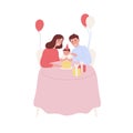 Happy family celebrating baby first birthday vector flat illustration. Cartoon smiling mother and father greeting kid