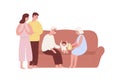 Happy family celebrating first baby birthday on comfy couch vector flat illustration. Grandparents giving gift box to