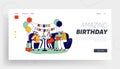 Happy Family Celebrating First Baby Birthday Website Landing Page. Parents, Grandparents and Little Kid Sit at Table