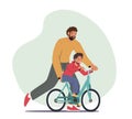 Happy Family Characters Activity. Caring Dad Teaching Son to Ride Bike for the First Time. Father Teach Kid Boy Cycling Royalty Free Stock Photo