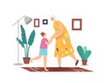 Happy Family Characters Dance at Home, Weekend Sparetime, Leisure. Little Girl and Granny Rejoice Together, Dancing