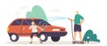 Happy Family Characters Father and Little Son Having Fun, Splashing Water from Hose while Washing Car at Cottage Yard Royalty Free Stock Photo