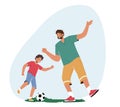 Happy Family Characters Father and Son Playing Soccer on Field. Dad with Little Boy Spend Time Together, Having Fun Royalty Free Stock Photo
