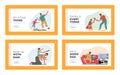 Happy Family Characters Fun Landing Page Template Set. Dad and Son Spend Time Together Fight on Swords, Play Soccer