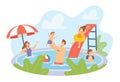 Happy Family Characters Having Rest in Swimming Pool. Mother, Father and Children Swim and Enjoy Recreation at Hotel Royalty Free Stock Photo