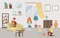 Happy family characters at home interior parents and their children in living room vector illustration. Royalty Free Stock Photo