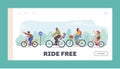 Happy Family Characters Riding Bikes Landing Page Template. Dad, Son, Mom and Daughter Training, Healthy Lifestyle Royalty Free Stock Photo