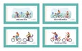 Happy Family Characters Riding Bikes Landing Page Template Set. Dad, Son, Mom and Daughter Training, Healthy Lifestyle Royalty Free Stock Photo