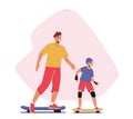 Happy Family Characters Riding Skateboard at City Park. Young Father and Little Son Skateboarding Hobby, Sport Activity