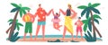 Happy Family Characters on Summer Beach. Mother, Father, Daughter and Sons Hold Hands on Sandy Shore Playing at Seaside Royalty Free Stock Photo