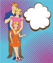 Happy family characters vector illustration in retro comic pop art style. Man, woman and their daughter Royalty Free Stock Photo