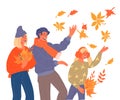 Happy family with child greeting autumn, flat vector illustration