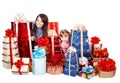 Happy family with child and group gift box. Royalty Free Stock Photo