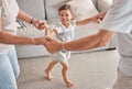 Happy family, child and playing circle game while bonding, fun and holding hands with energy, happiness and joy with Royalty Free Stock Photo