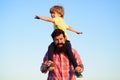 Happy family. Child son hugging his father against sky. Family travel vacation, father& x27;s day. Happy little boy Royalty Free Stock Photo