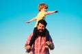 Happy family. Child son hugging his father against sky. Family travel vacation, father& x27;s day. Happy little boy Royalty Free Stock Photo