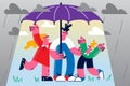 Happy family with child stand under umbrella