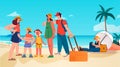 happy family with children and baggage standing together on tropical beach summer vacation holiday time to travel Royalty Free Stock Photo