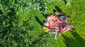 Happy family with children having picnic in park, parents with kids sitting on garden grass and eating healthy meals outdoors Royalty Free Stock Photo