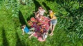 Happy family with children having picnic in park, parents with kids sitting on garden grass and eating healthy meals outdoors Royalty Free Stock Photo