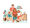 Happy family with children at home. People sitting on the sofa and mom reading book for kids. Family lifestyle concept. Cozy Royalty Free Stock Photo