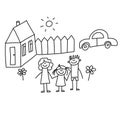 Happy family with children. Kids drawing style vector illustration. Mother, father, sister, brother.