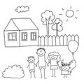 Happy family with children. Kids drawing style vector illustration. Mother, father, sister, brother.