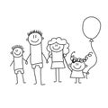 Happy family with children. Kids drawing style vector illustration. Mother, father, sister, brother.