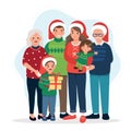 Happy family at christmas, parents with kids and grandparents. Cute illustration in flat style