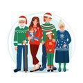 Happy Family at Christmas staying together. Kids with parents and grandparents. Cute vector illustration drawing in flat style