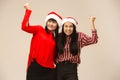 Happy family in Christmas sweater posing on a red background in the studio. Royalty Free Stock Photo