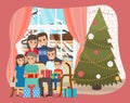 Happy family with a Christmas tree and presents. Parents and kids celebrating new year holiday Royalty Free Stock Photo