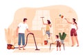 Happy family is cleaning at home in the living room. Parents and children clean up the room together. The concept of Royalty Free Stock Photo