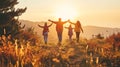 Happy family concept, mother, father, children son and daughter on nature on sunset Royalty Free Stock Photo