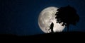 Happy Family Concept : Silhouette of Miniature people as lover standing on little hill with full moon in background. Royalty Free Stock Photo