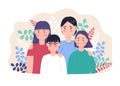 Happy family concept vector. Mother and farther, son and daughter with on botanic, leave background. National foster care month,