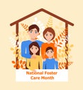 Happy family concept vector. Mother and farther, son and daughter with on botanic, leave background. National foster care month, Royalty Free Stock Photo